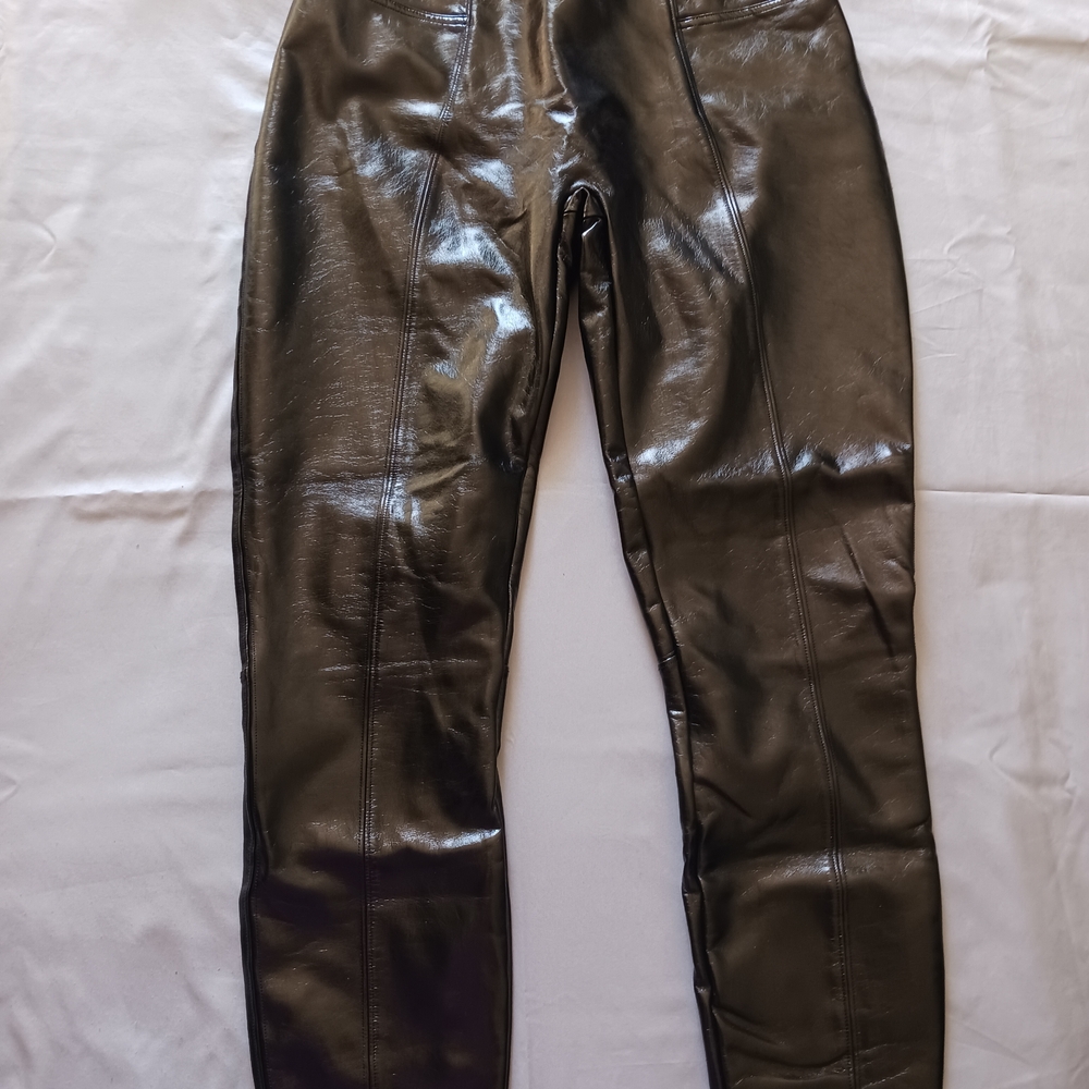 Spanx Sz L Black Faux Patent Leather Leggings Tummy Control Elastic Waist